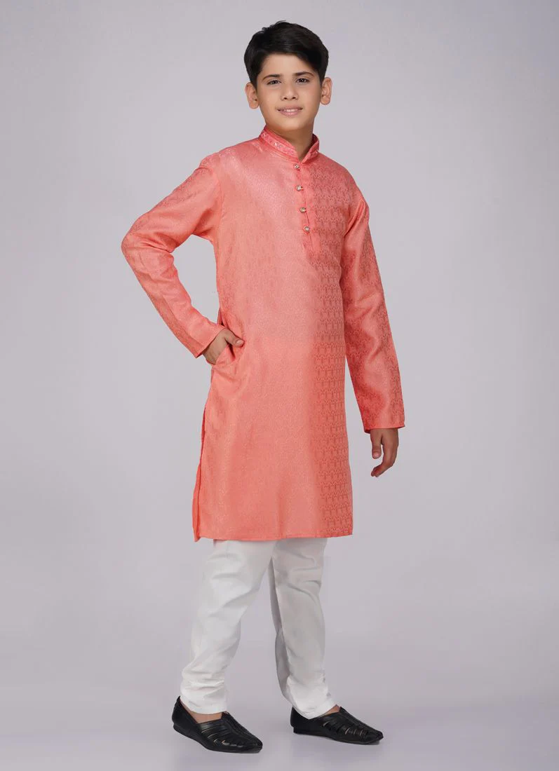 Boys Orange Resham Embroidered Kurta Set - Image 3