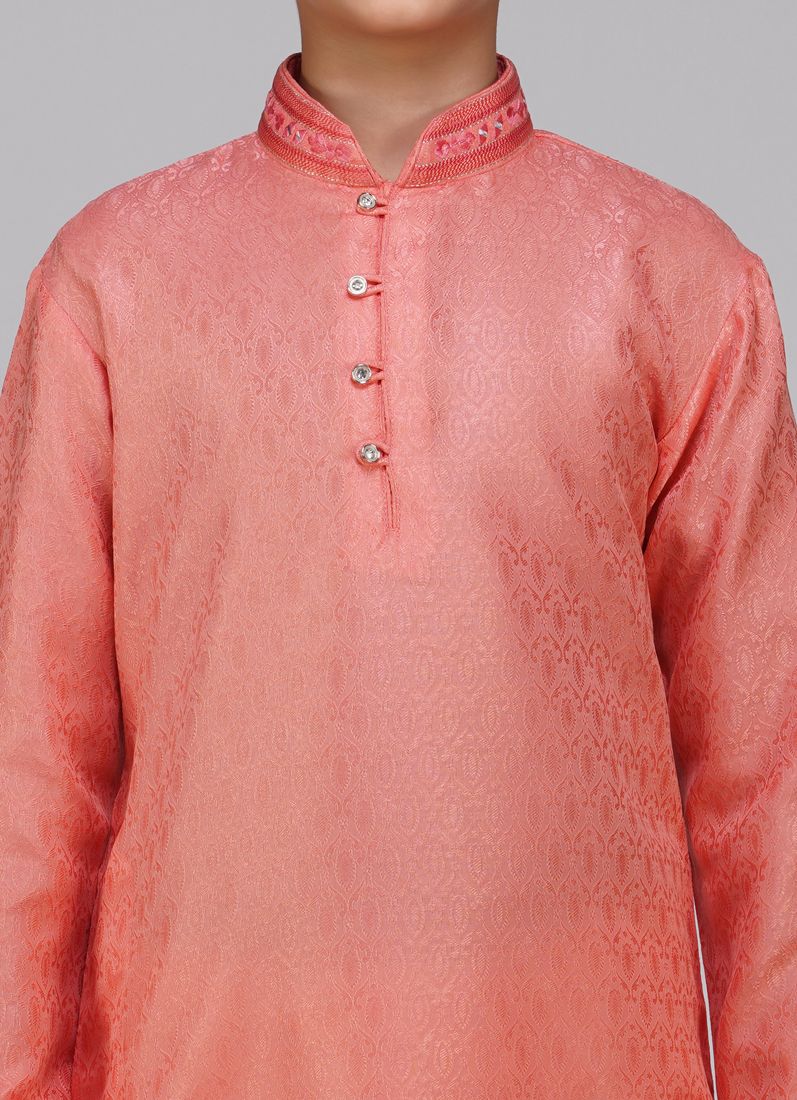 Boys Orange Resham Embroidered Kurta Set - Image 4