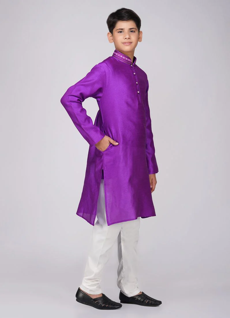 Boys Purple Polyester Kurta Pajama Set - Image 3