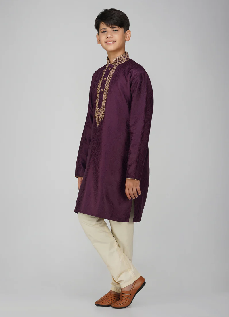 Boys Purple Zari Embroidered Kurta Set - Image 2