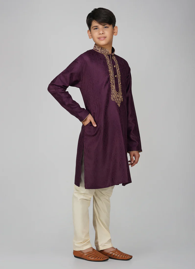 Boys Purple Zari Embroidered Kurta Set - Image 3