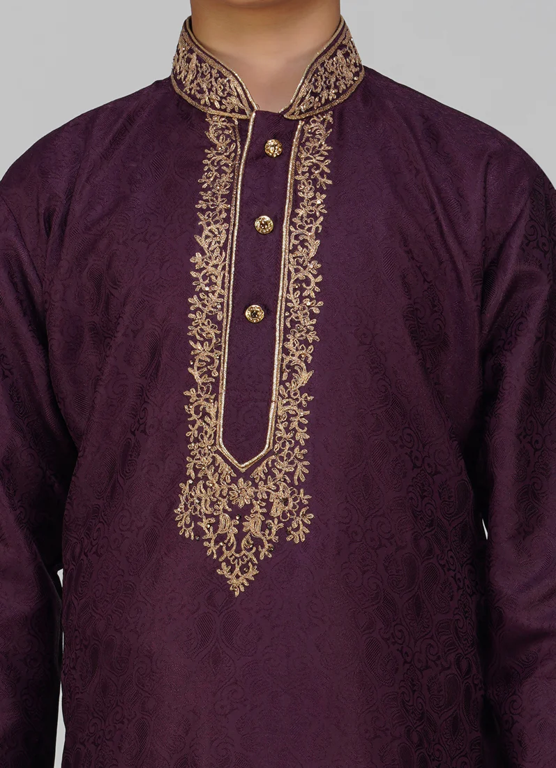 Boys Purple Zari Embroidered Kurta Set - Image 4