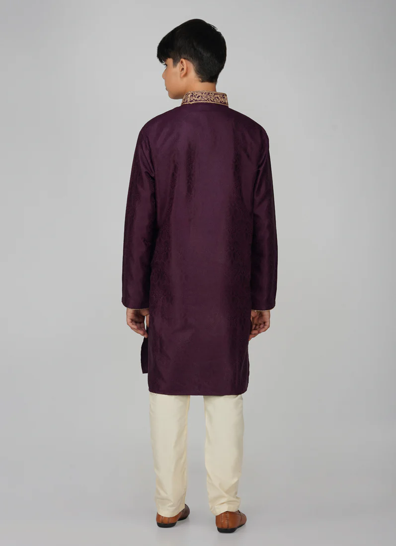 Boys Purple Zari Embroidered Kurta Set - Image 5