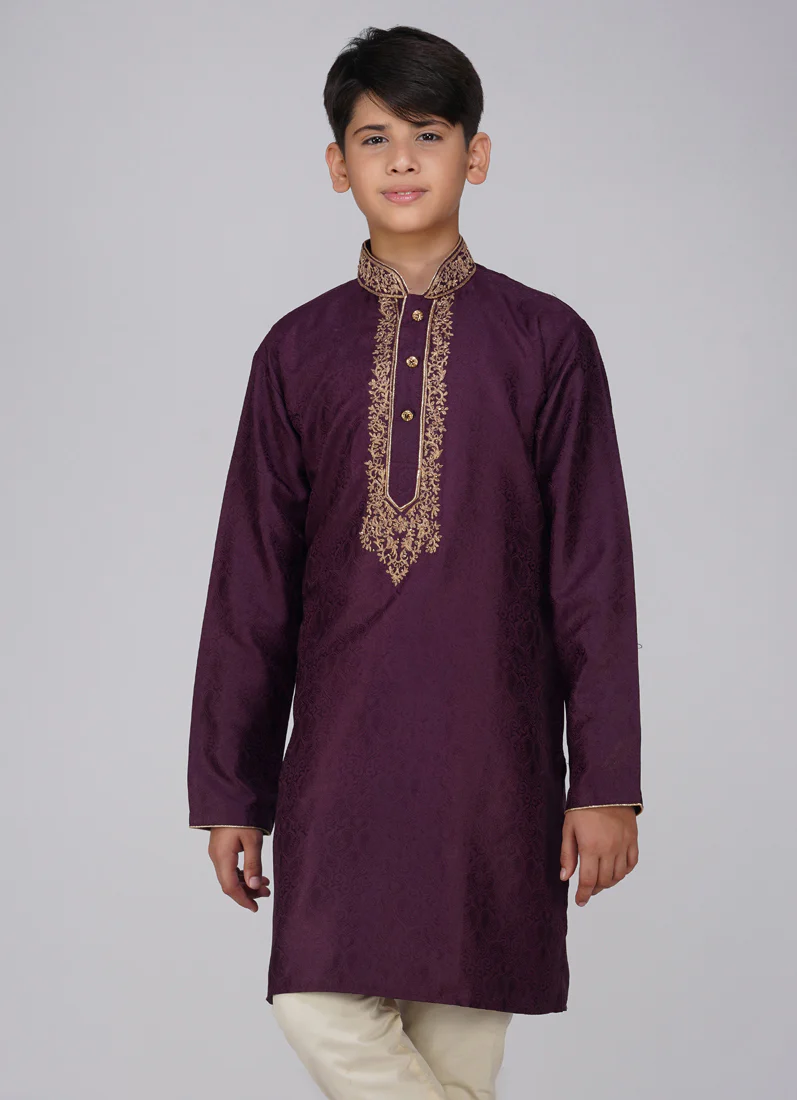 Boys Purple Zari Embroidered Kurta Set - Image 6