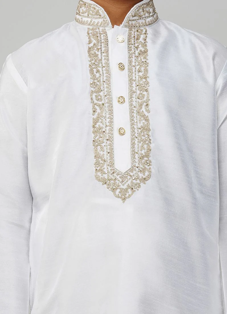 Boys White Embroidered Kurta Set - Image 5