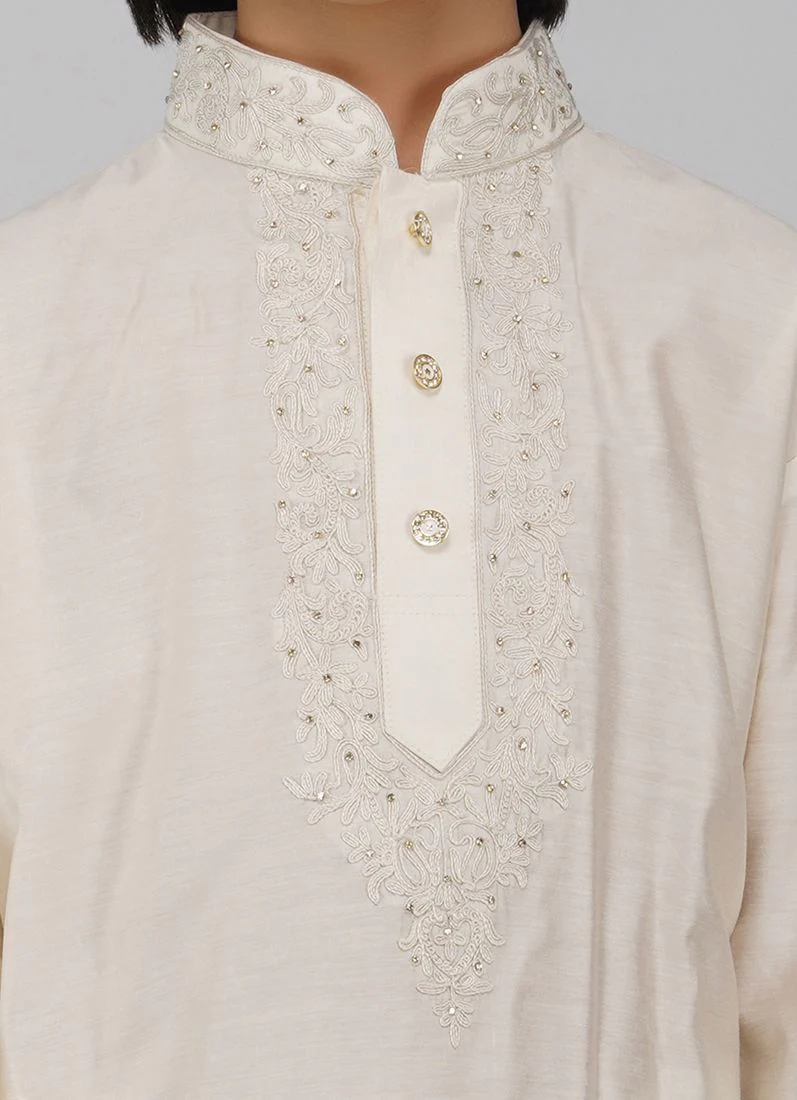 Boy's White Poly Viscose Whit Embroidered Kurta Pajama Set - Image 5