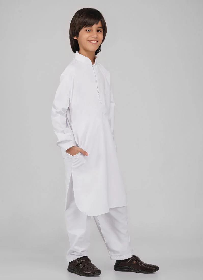 Boy's White Polyester Kurta Salwar Set - Image 3