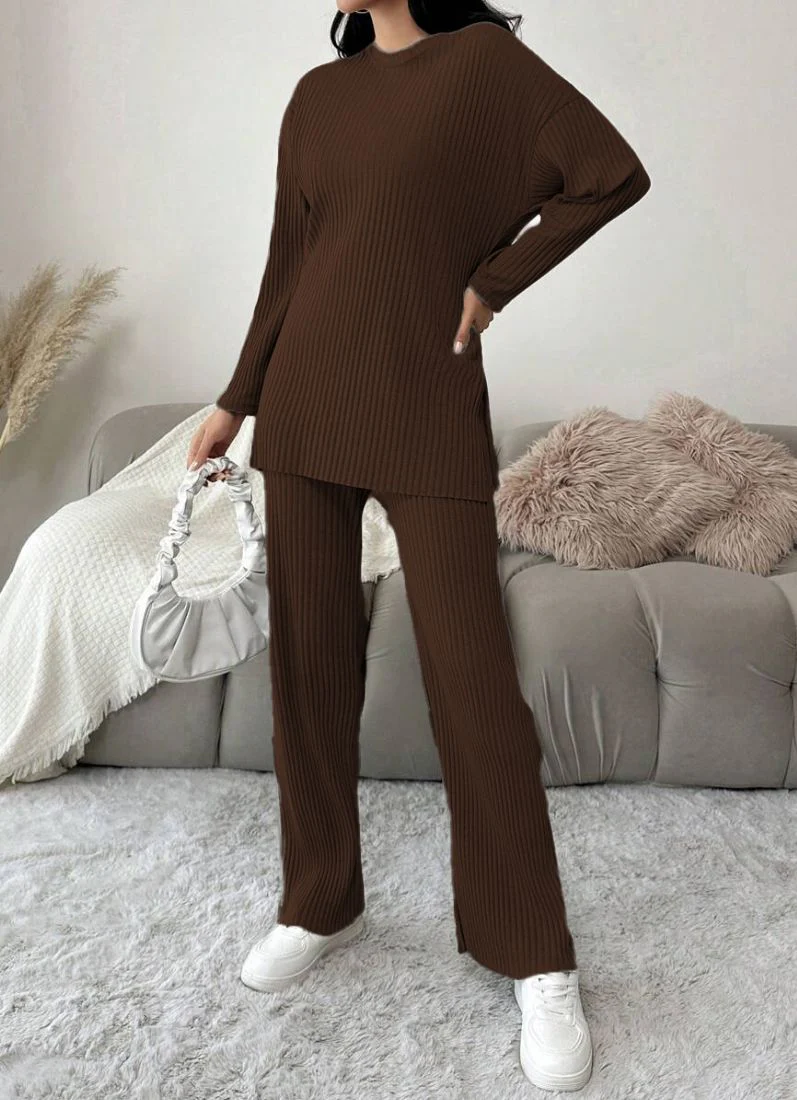 Brown Cotton Ribbed Co-Ord Set - Image 2