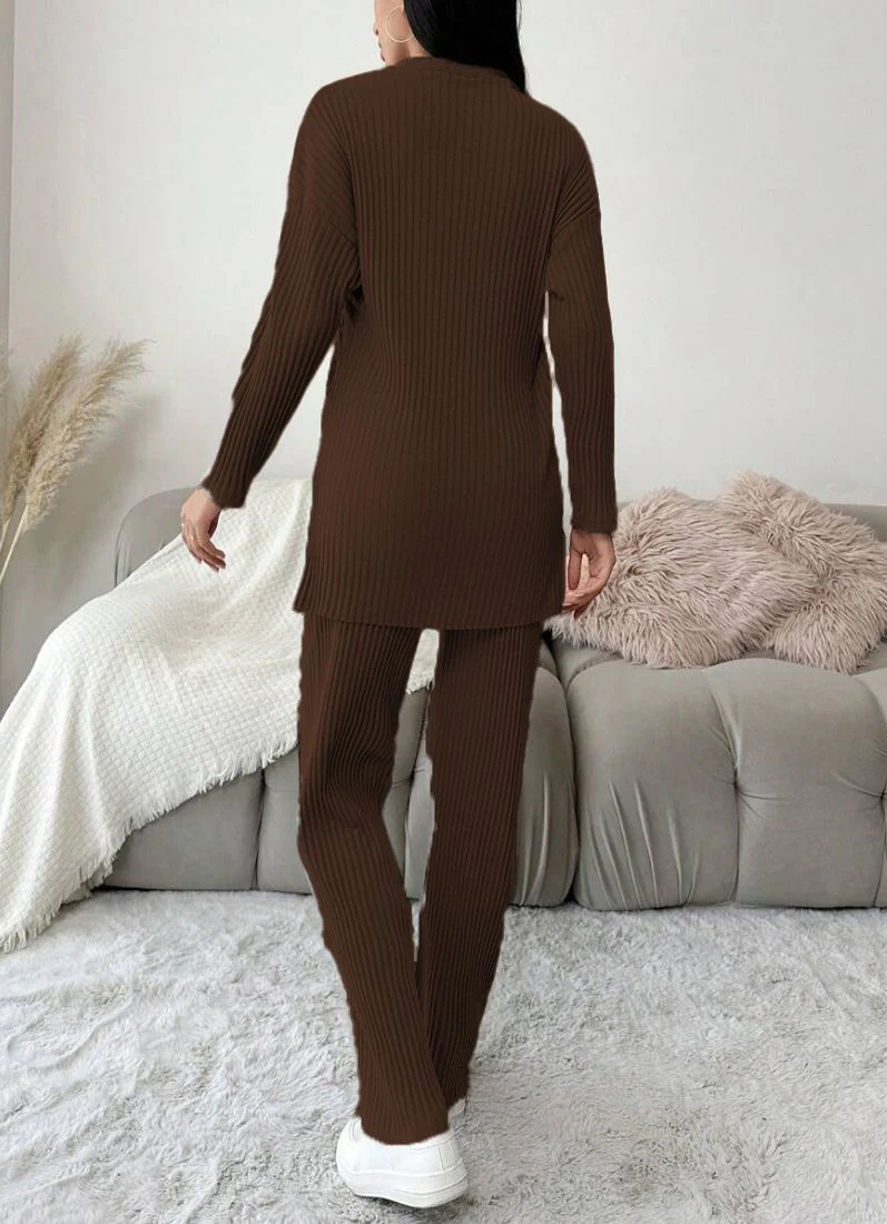Brown Cotton Ribbed Co-Ord Set - Image 3
