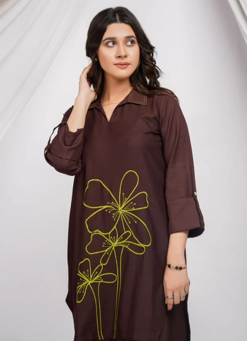 Brown Dhanak Embroidered Co-Ord Set - Image 2