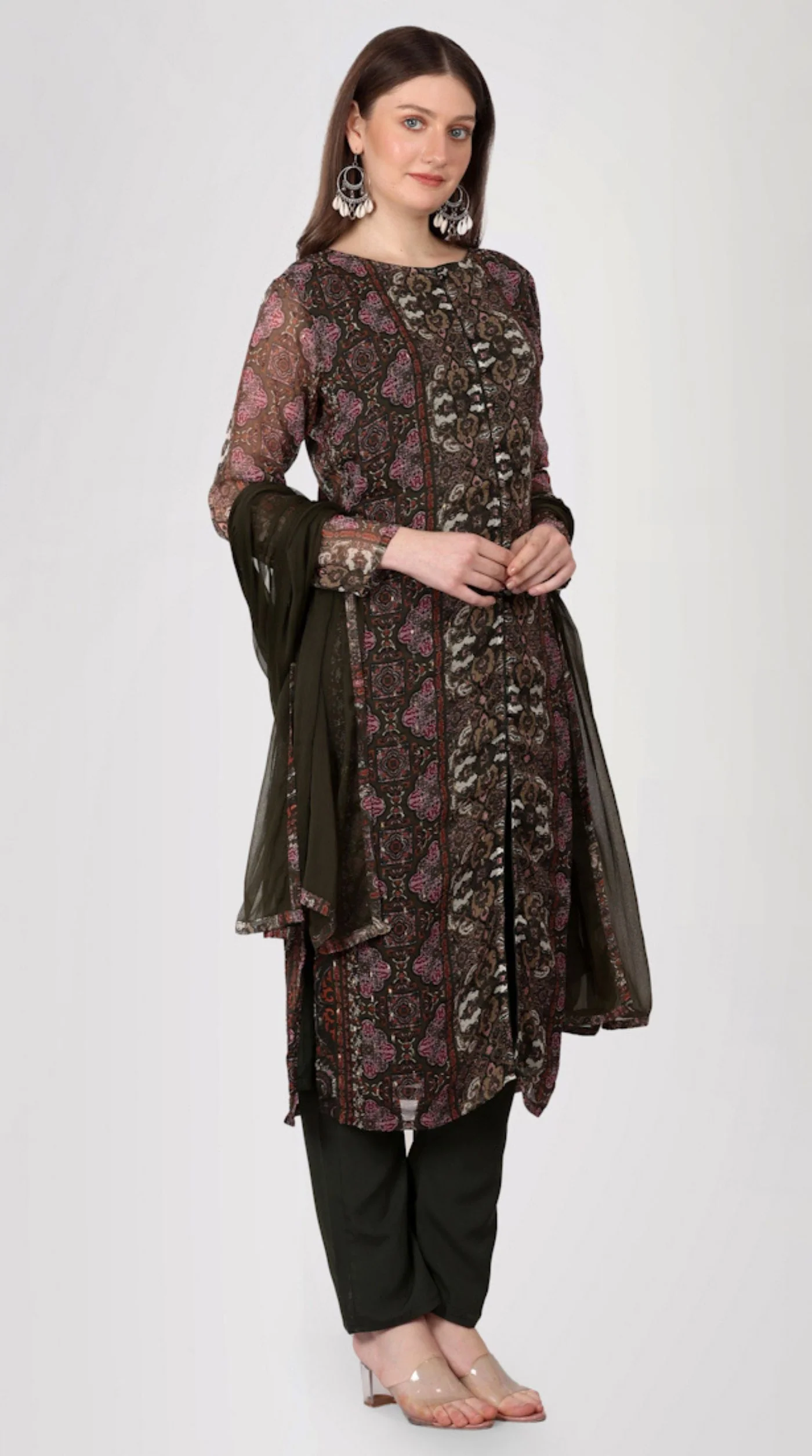 Brown Georgette Printed Straight Cut Suit Set - Image 2