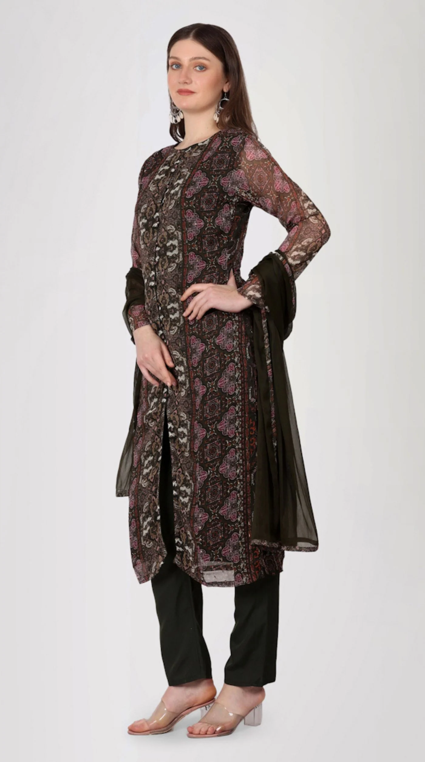 Brown Georgette Printed Straight Cut Suit Set - Image 3