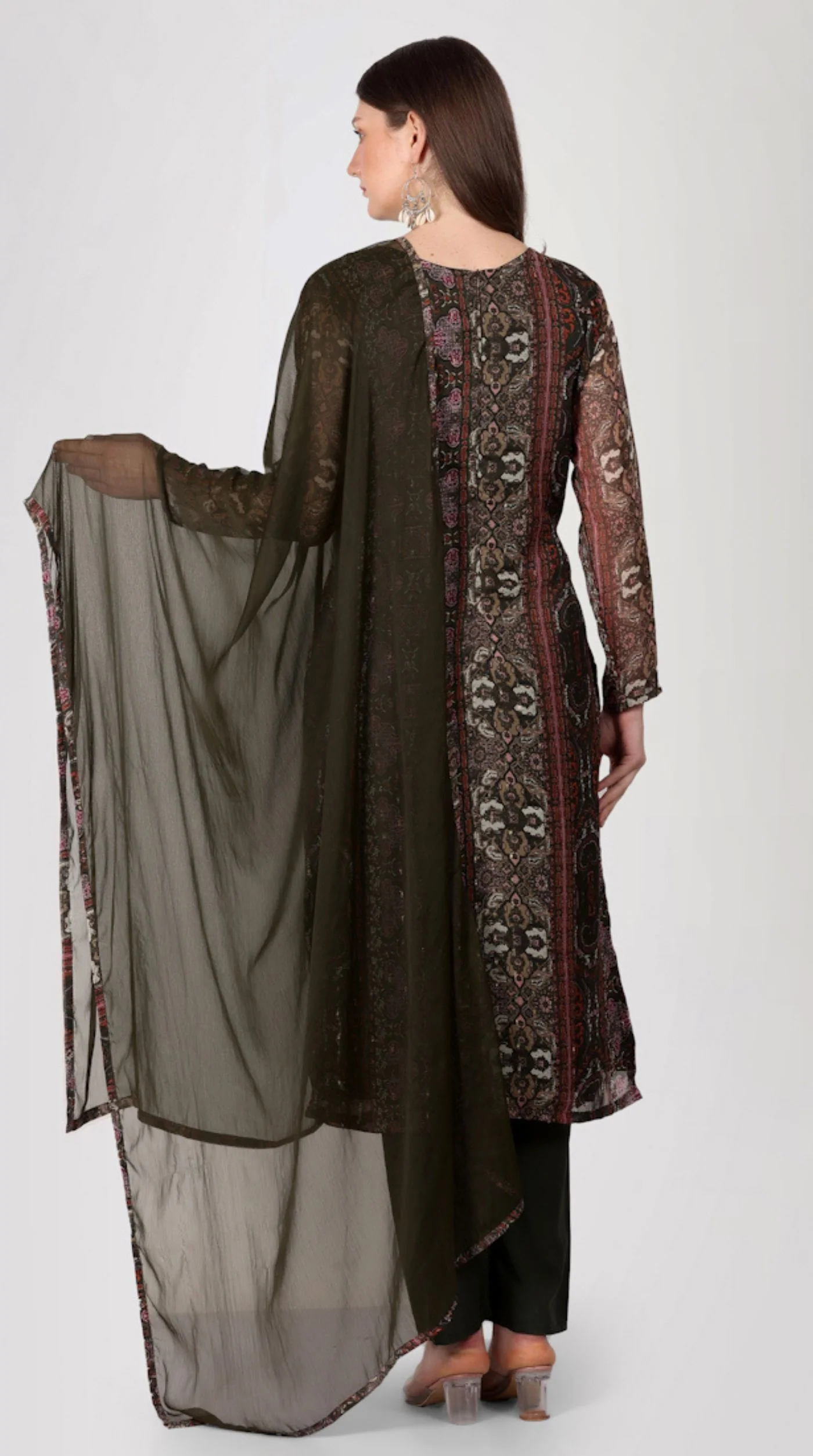 Brown Georgette Printed Straight Cut Suit Set - Image 4