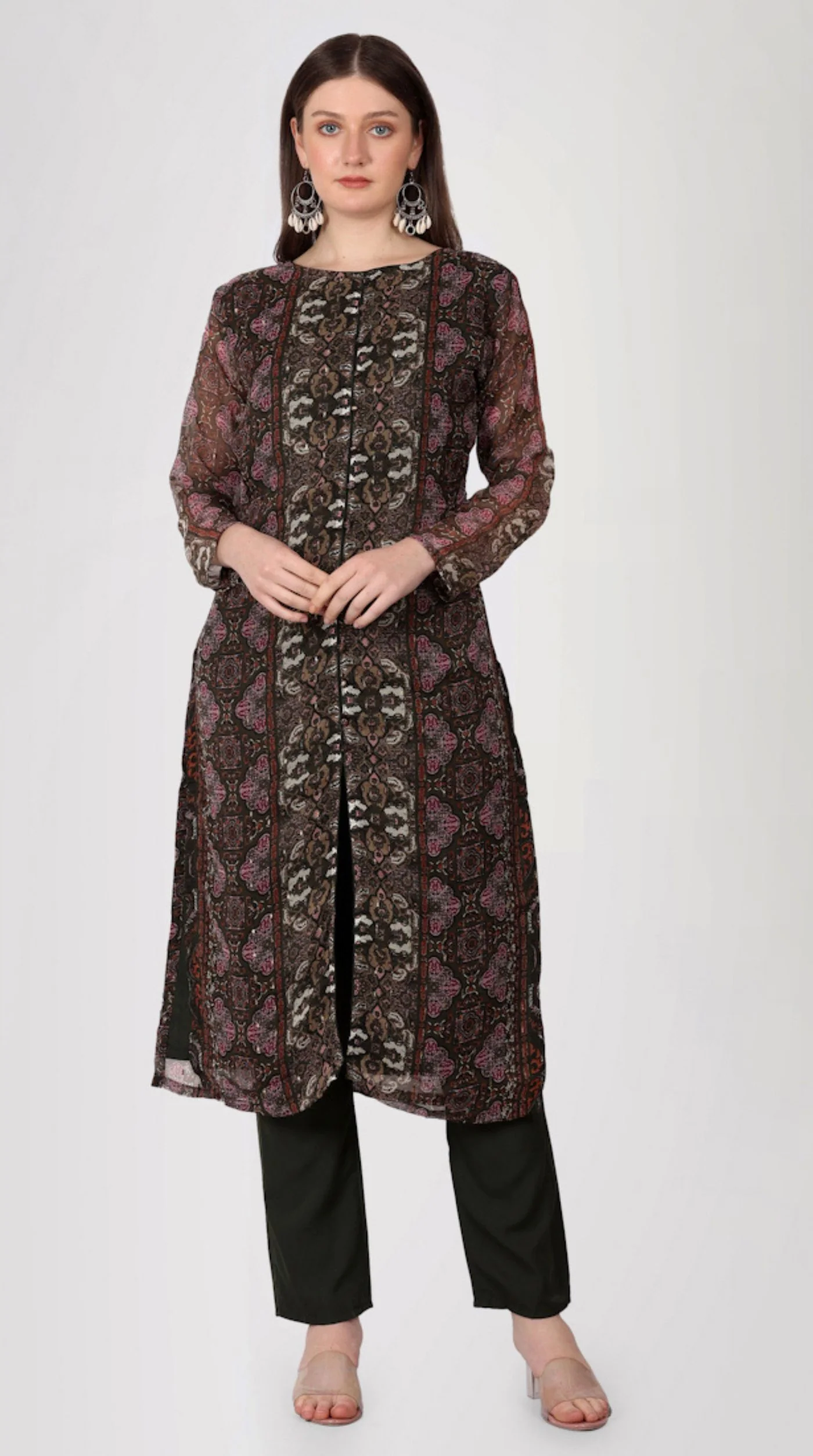 Brown Georgette Printed Straight Cut Suit Set - Image 5