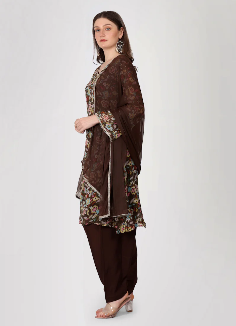 Brown Gerorgette Lurex A-Line Suit Set - Image 3