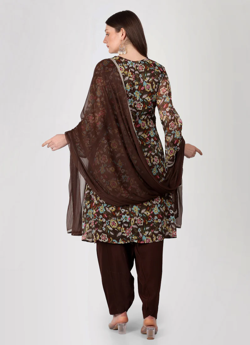 Brown Gerorgette Lurex A-Line Suit Set - Image 4