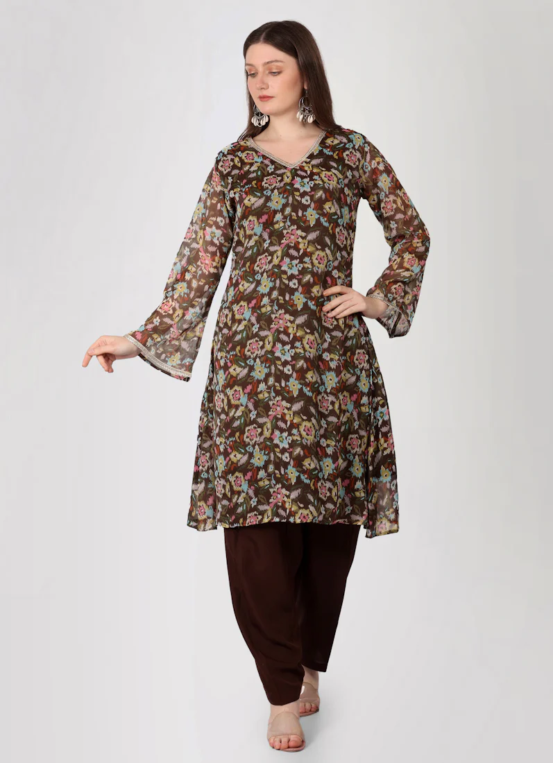 Brown Gerorgette Lurex A-Line Suit Set - Image 5