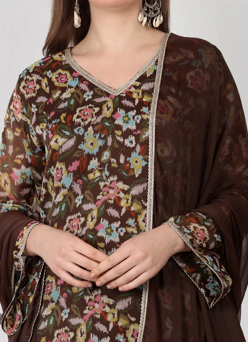 Brown Gerorgette Lurex A-Line Suit Set - Image 6