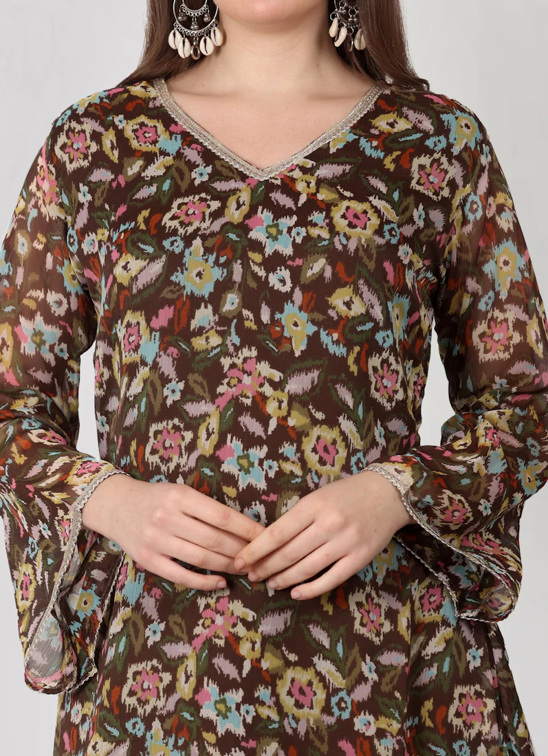Brown Gerorgette Lurex A-Line Suit Set - Image 7
