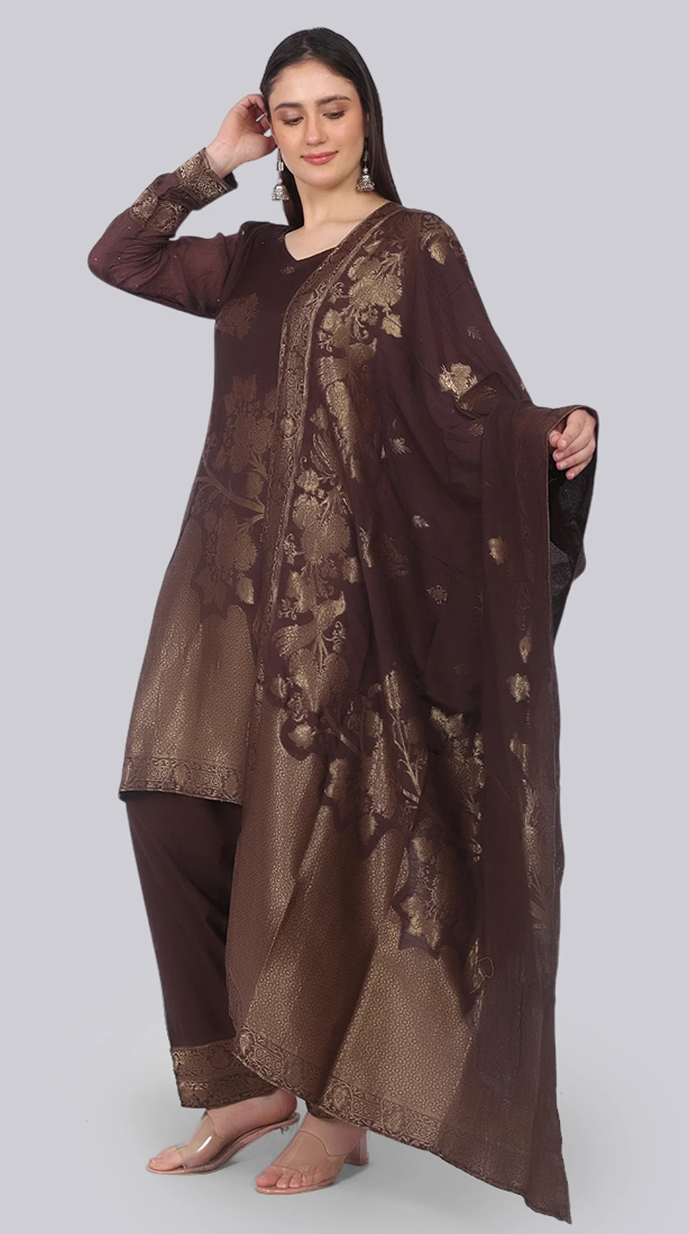 Farshi Shalwar Brown Silk Shift Suit Set with Gold Weave Dupatta - Image 2