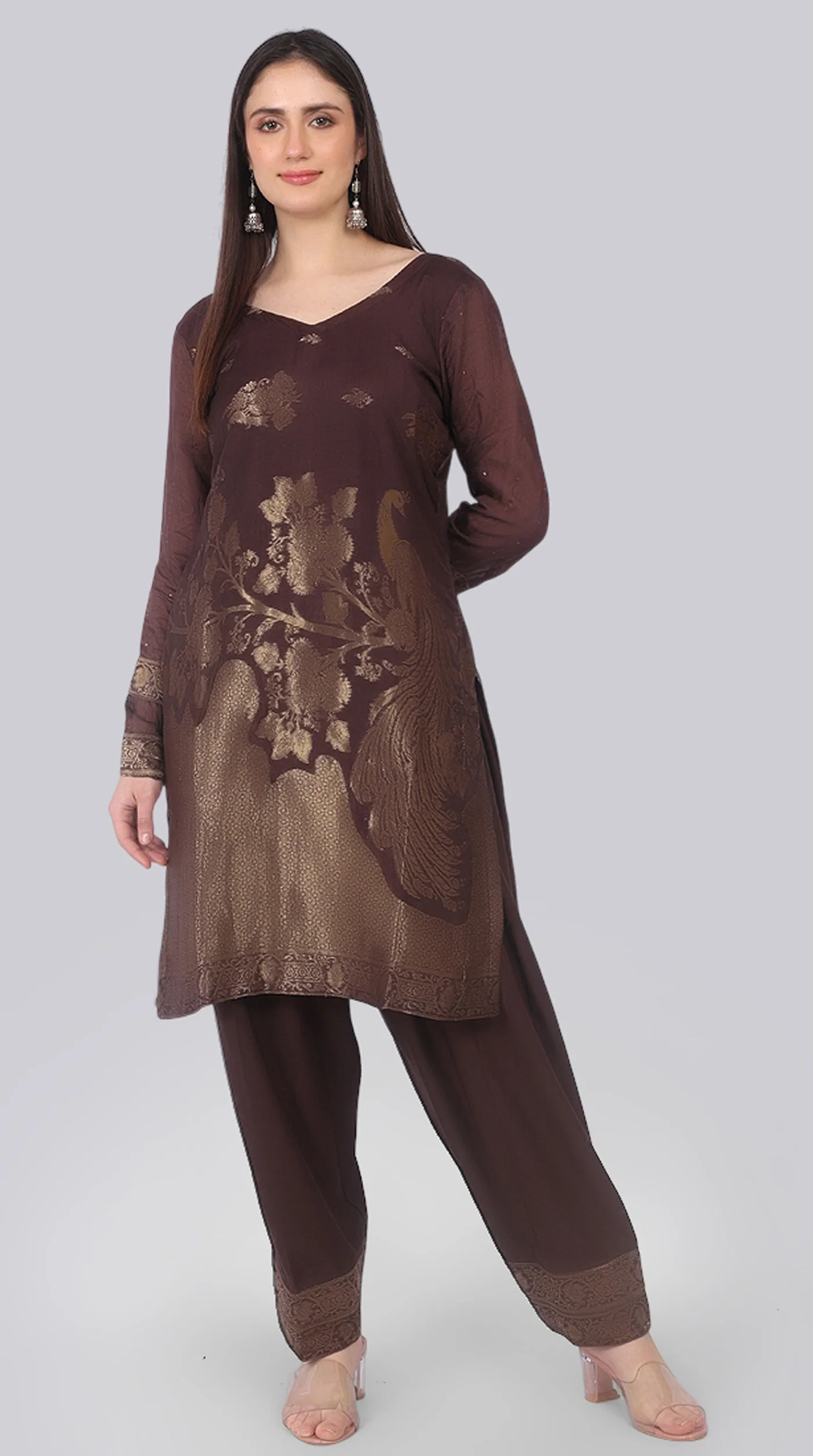 Farshi Shalwar Brown Silk Shift Suit Set with Gold Weave Dupatta - Image 3