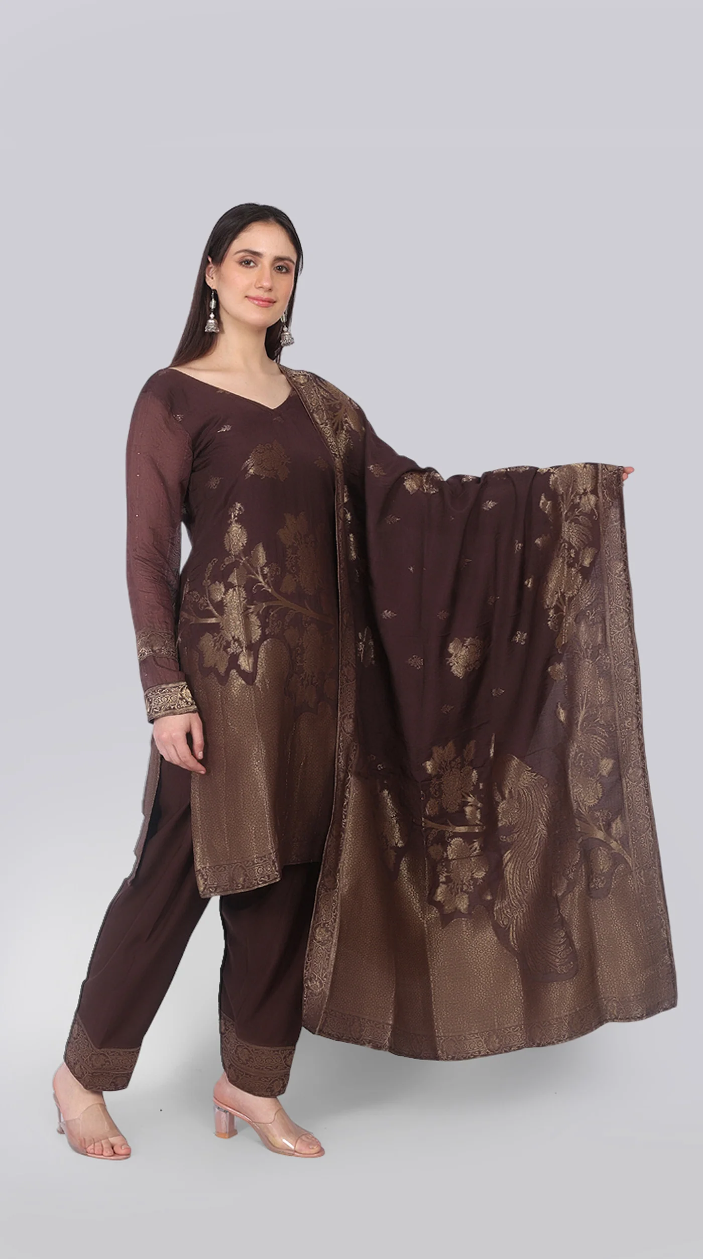 Farshi Shalwar Brown Silk Shift Suit Set with Gold Weave Dupatta - Image 4