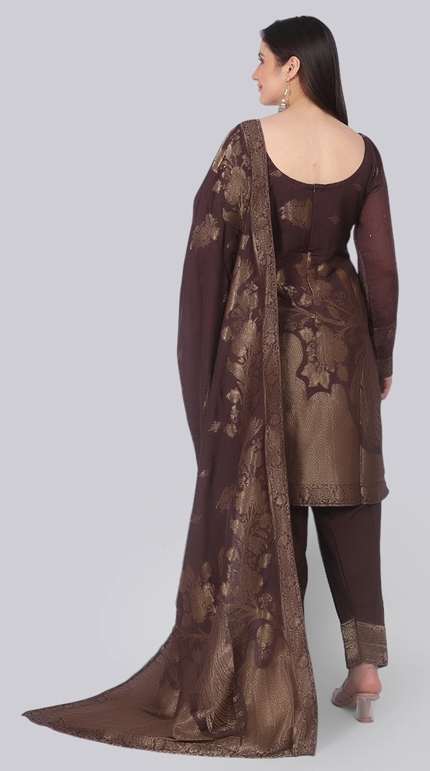 Farshi Shalwar Brown Silk Shift Suit Set with Gold Weave Dupatta - Image 6