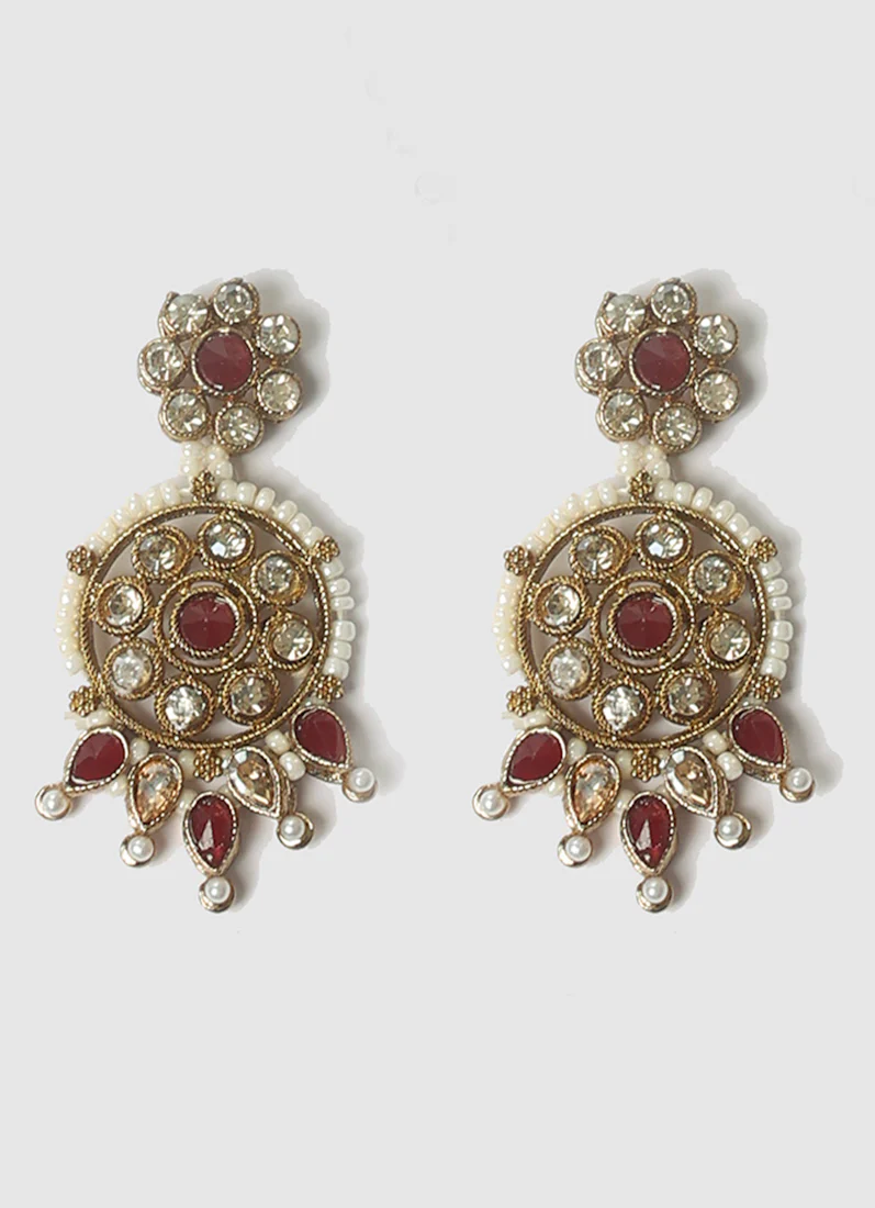 Women’s Maroon and Pearl Antique Gold Jewelry Set - Image 4