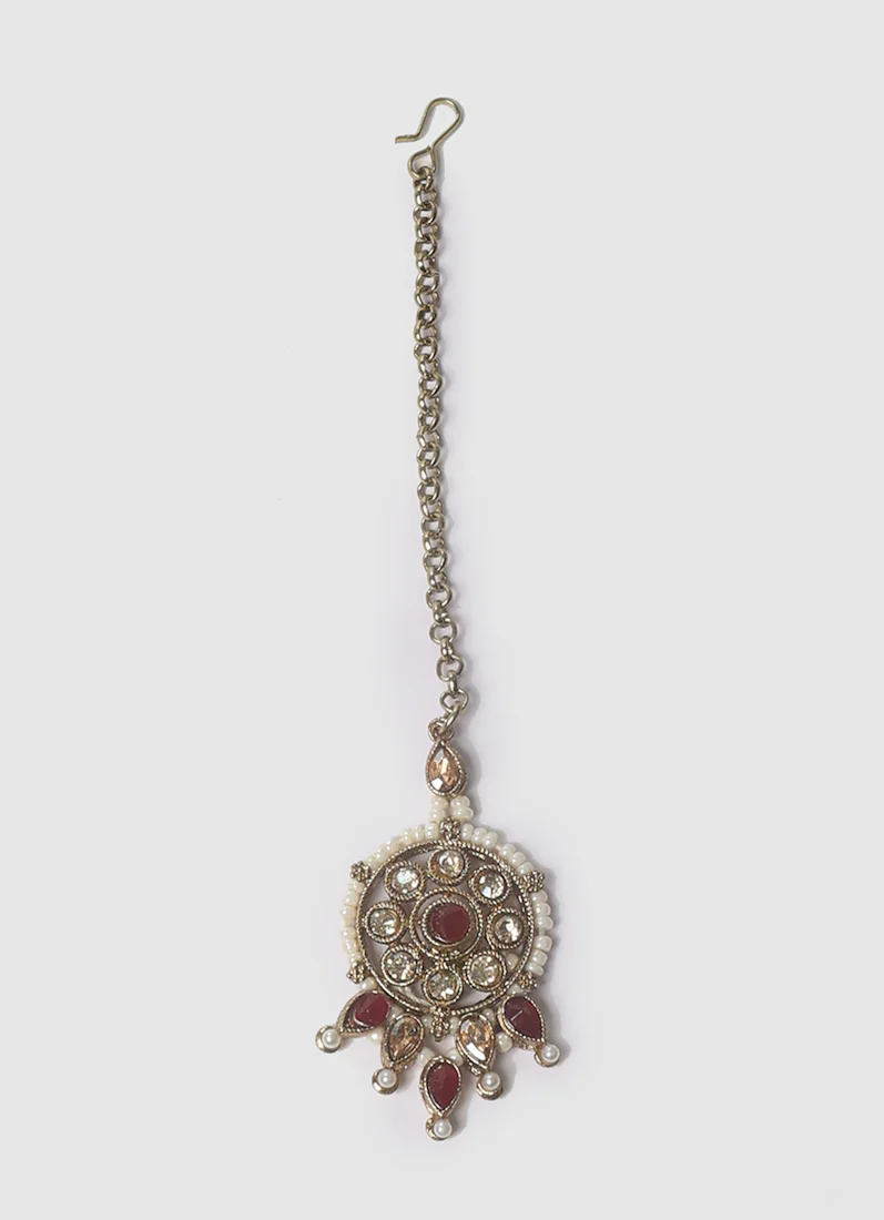 Women’s Maroon and Pearl Antique Gold Jewelry Set - Image 5