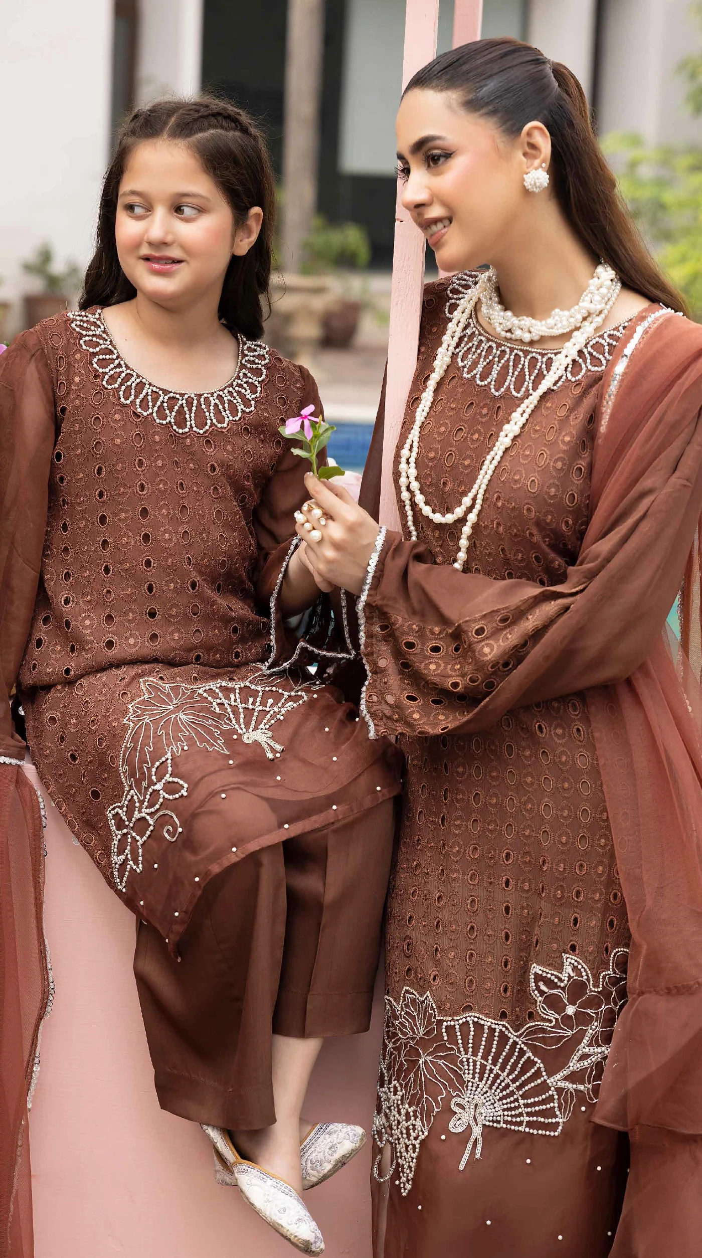 Chocolate Brown Mini Noor Chikankari Chiffon Suit - Image 3