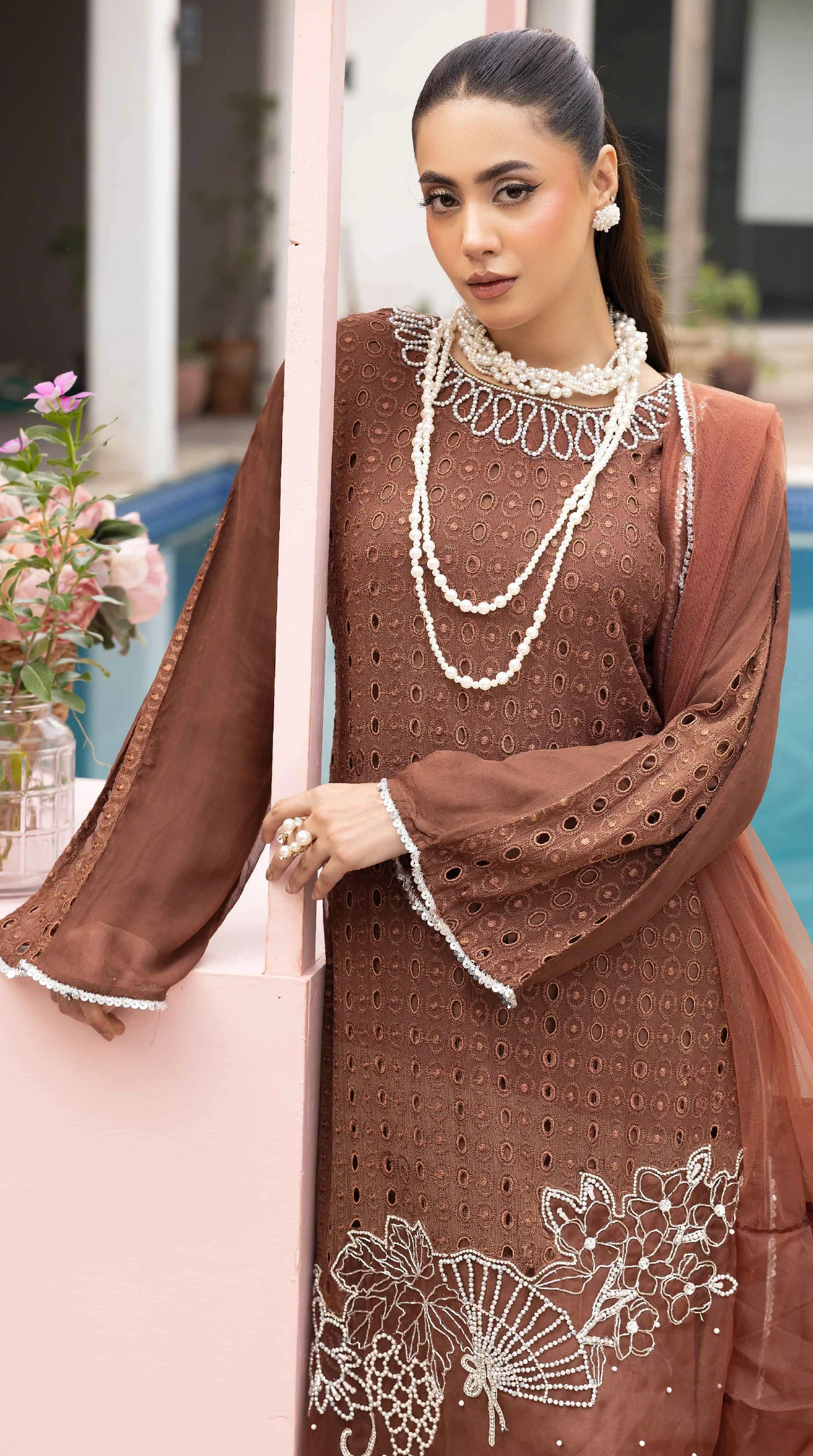 Chocolate Brown Noor Chikankari Chiffon Suit - Image 2