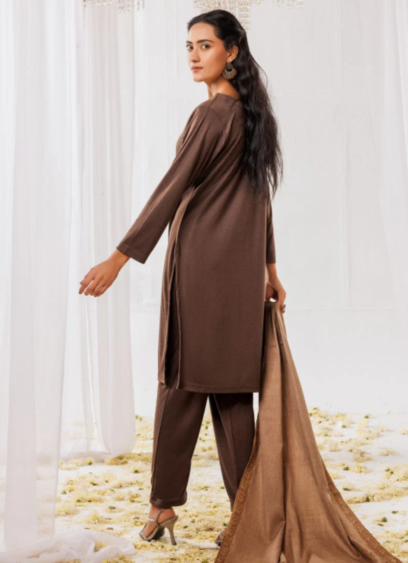 Chocolate Woollen Knitwear Suits with Dupatta - Image 3