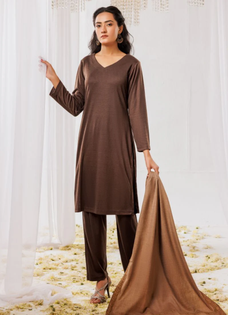Chocolate Woollen Knitwear Suits with Dupatta - Image 4