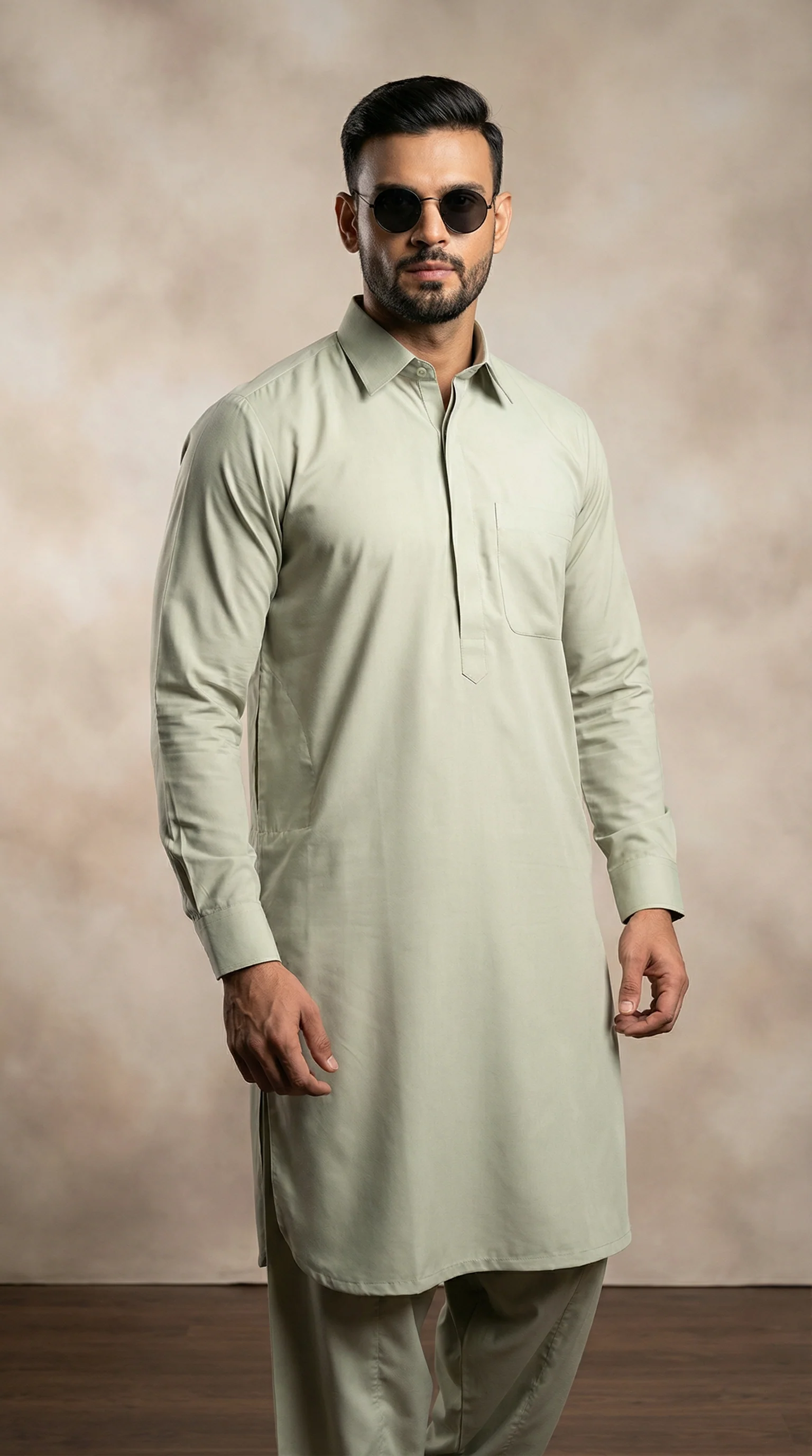 Collared Light Sage Green Kurta Salwar Set - Image 2