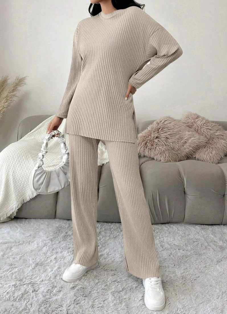 Cotton Beige Ribbed Co-Ord Set - Image 2