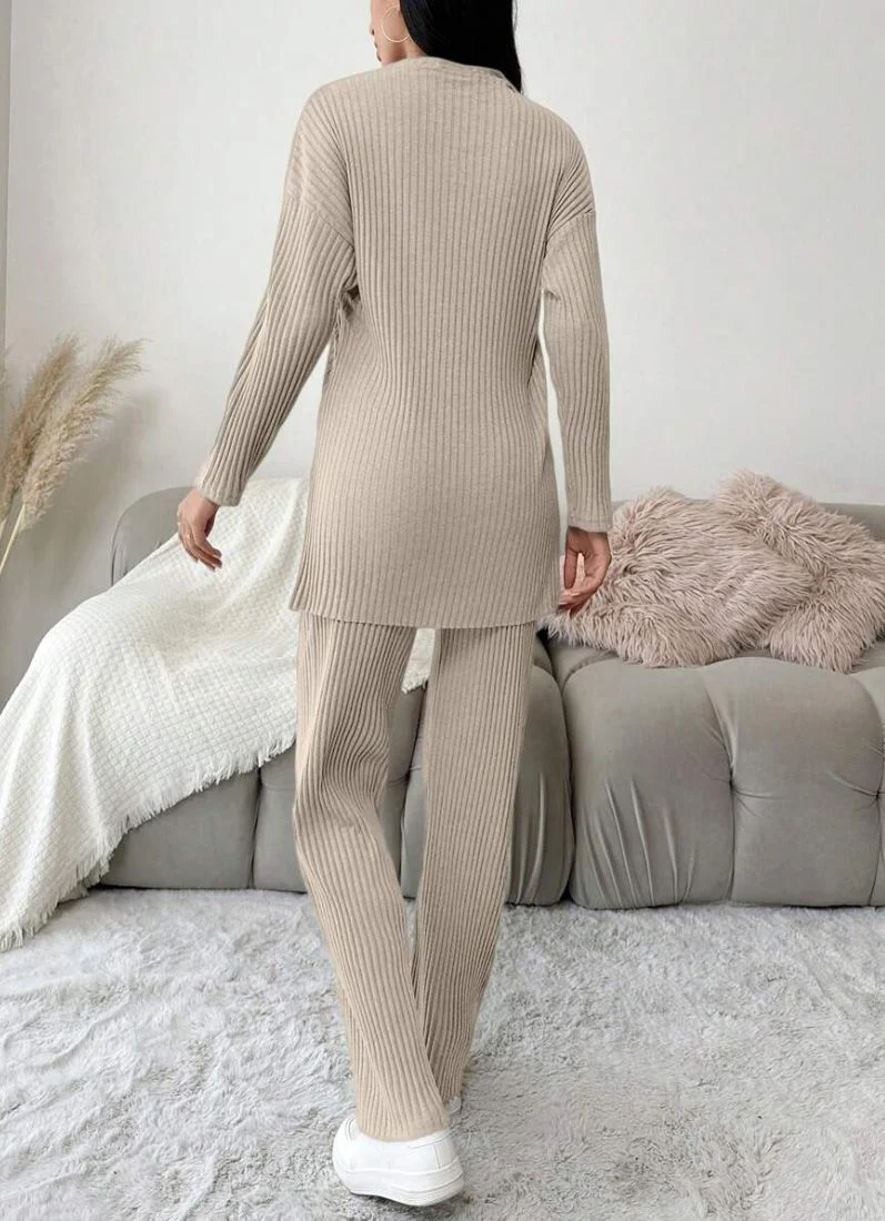 Cotton Beige Ribbed Co-Ord Set - Image 5