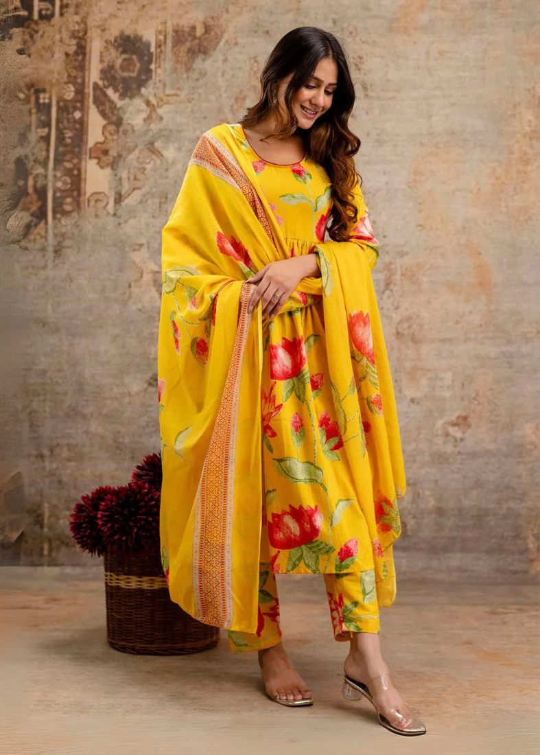 Cotton Bias Cut Suit Set In Yellow - Image 2