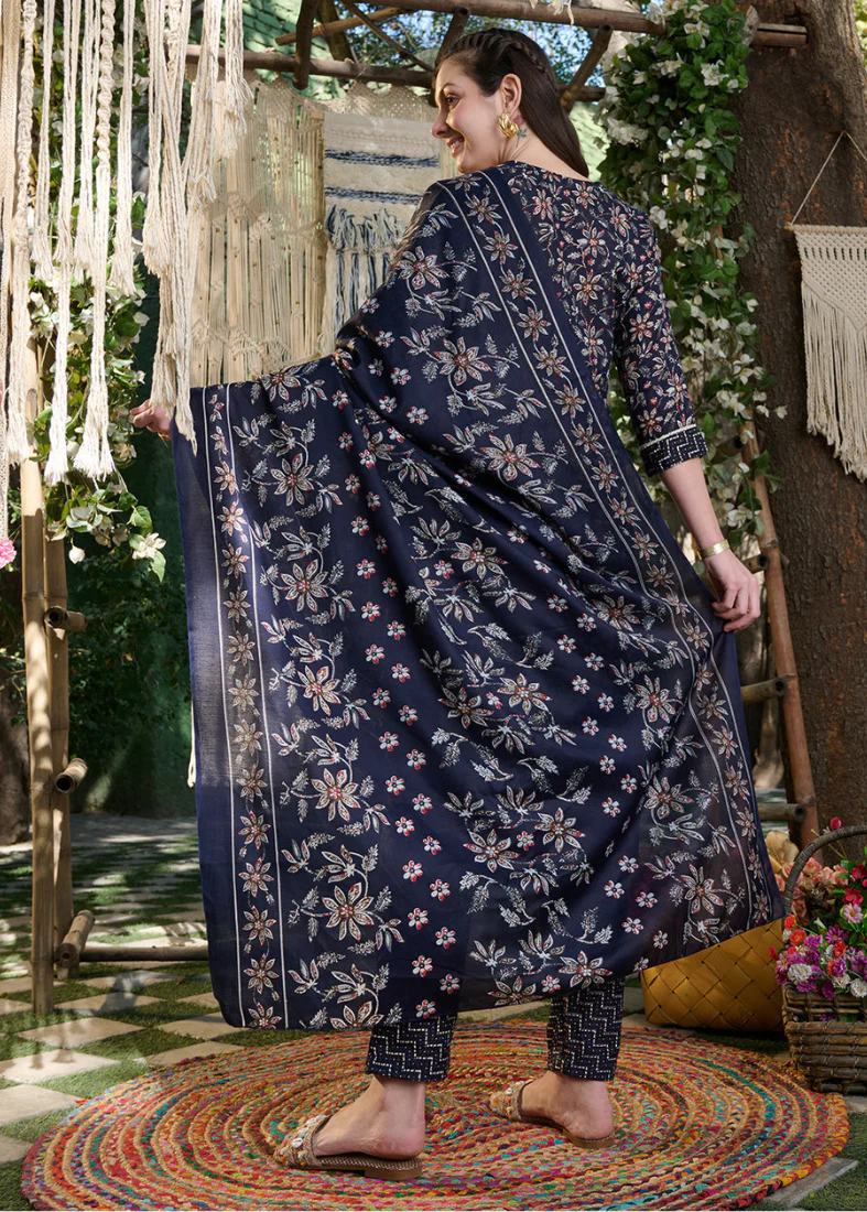 Cotton Straight Cut Suit Set In Blue - Image 2