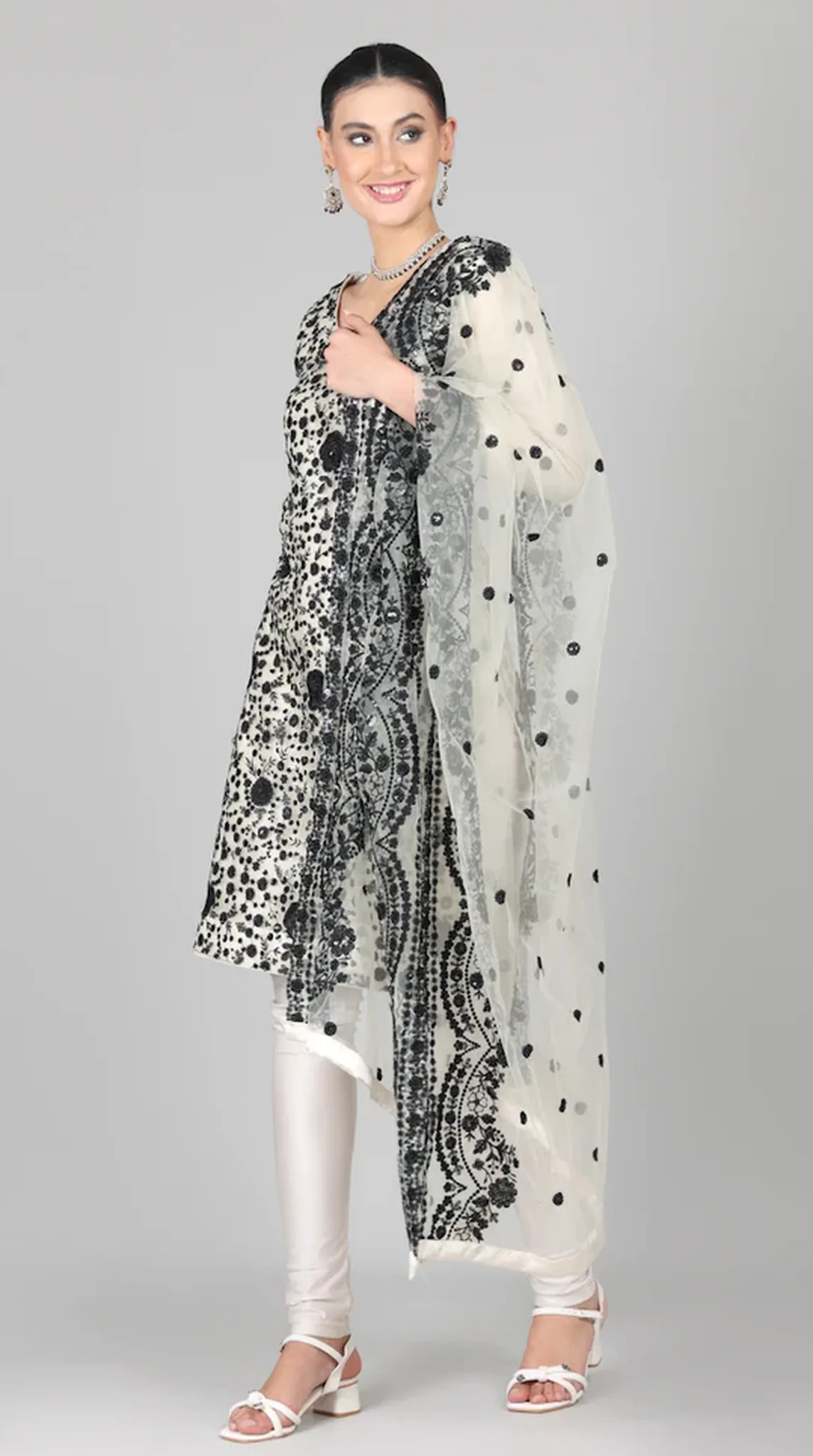 Cream-Black Sequins Embroidered Suit Set - Image 2