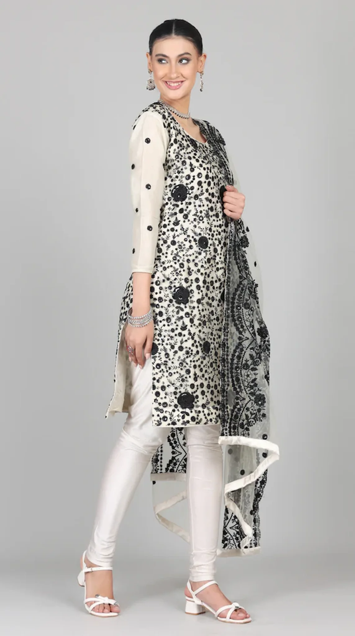 Cream-Black Sequins Embroidered Suit Set - Image 3