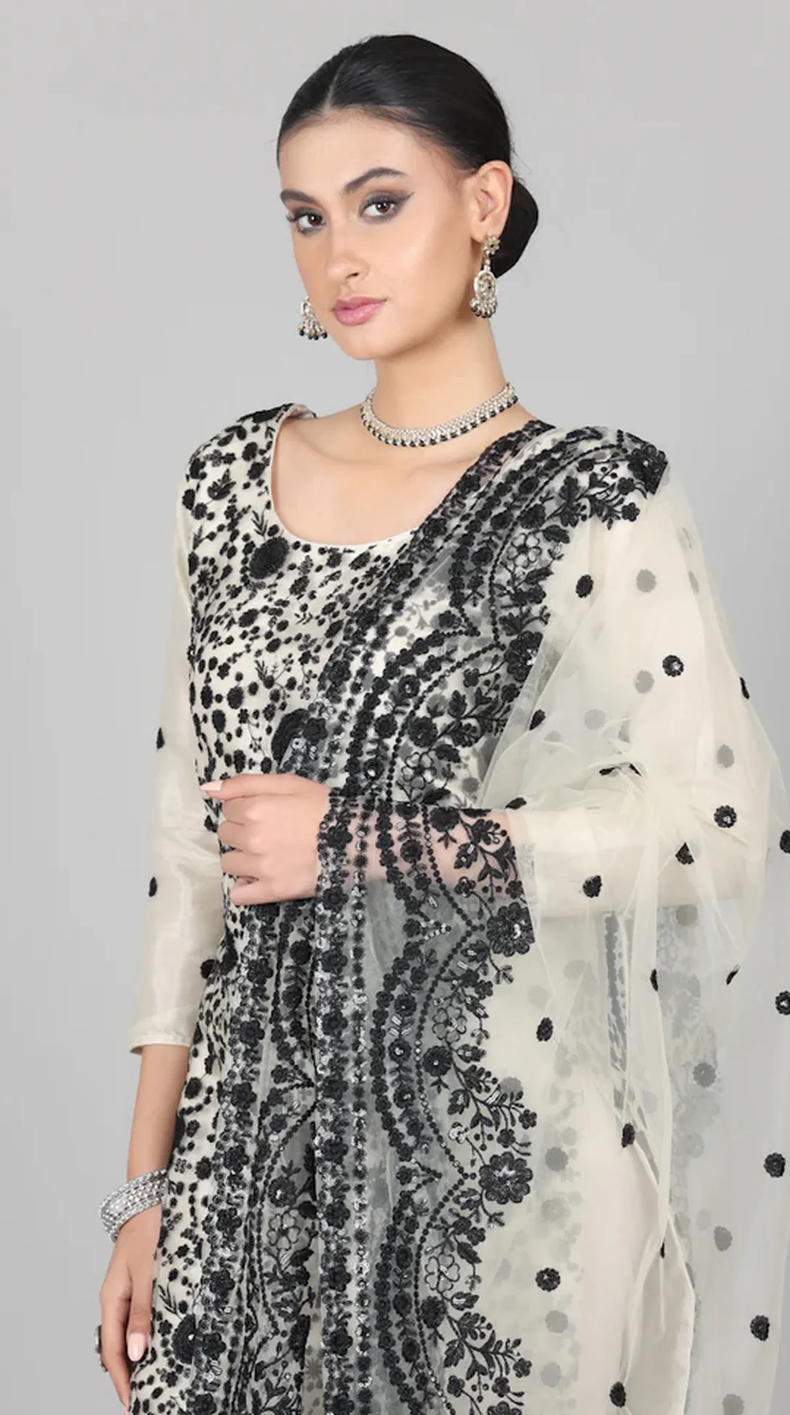 Cream-Black Sequins Embroidered Suit Set - Image 5