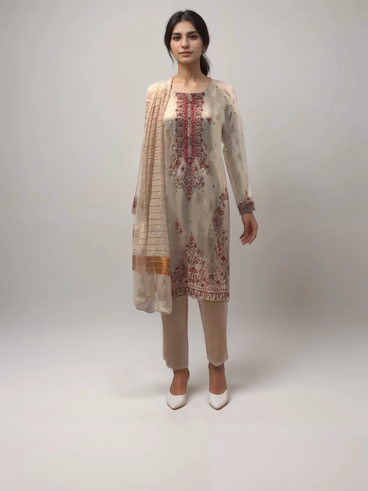 Cream Chiffon Trouser Set - Image 2