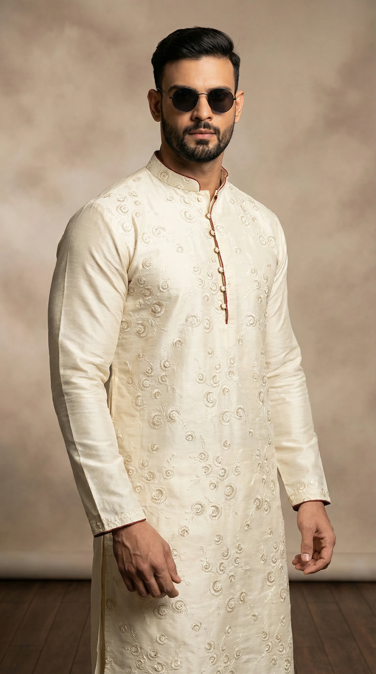 Cream Embroidered Kurta Churidaar Set - Image 2