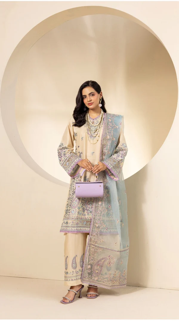 Cream Thread Embroidered Palazzo Suit with Organza Dupatta - Image 2