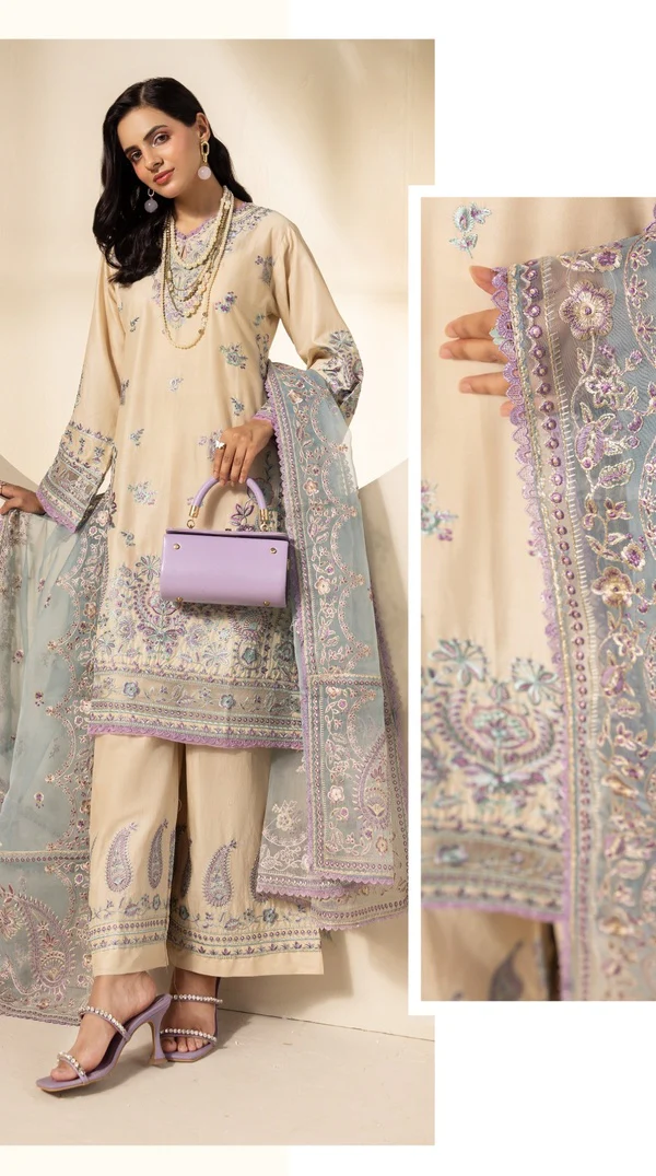 Cream Thread Embroidered Palazzo Suit with Organza Dupatta - Image 3