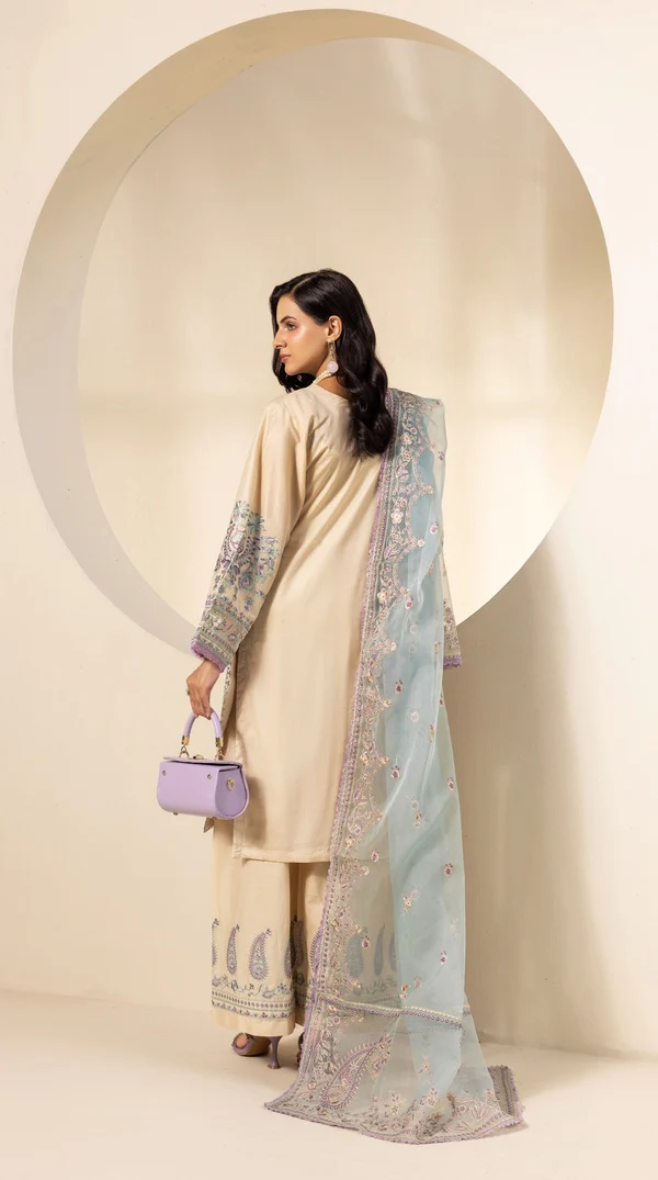Cream Thread Embroidered Palazzo Suit with Organza Dupatta - Image 5