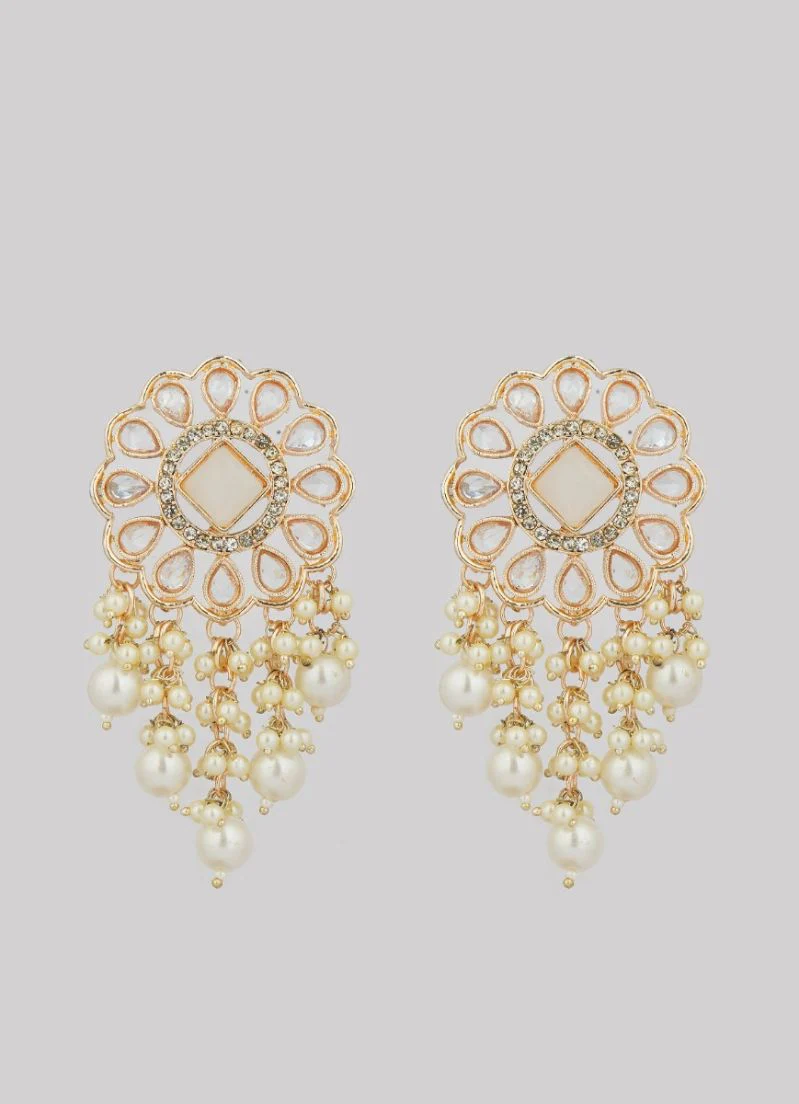 Cream Pearl Earrings with Diamante Detailing - Image 2