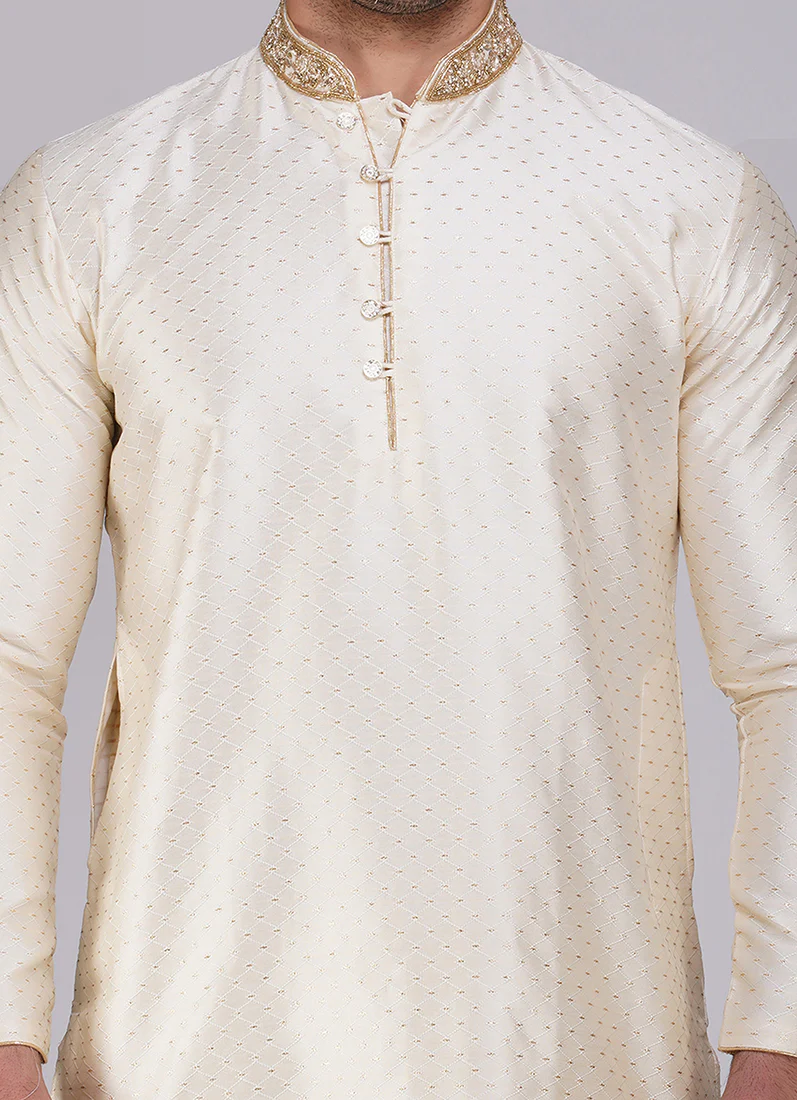 Cream Polyester Kurta Pajama Set - Image 3