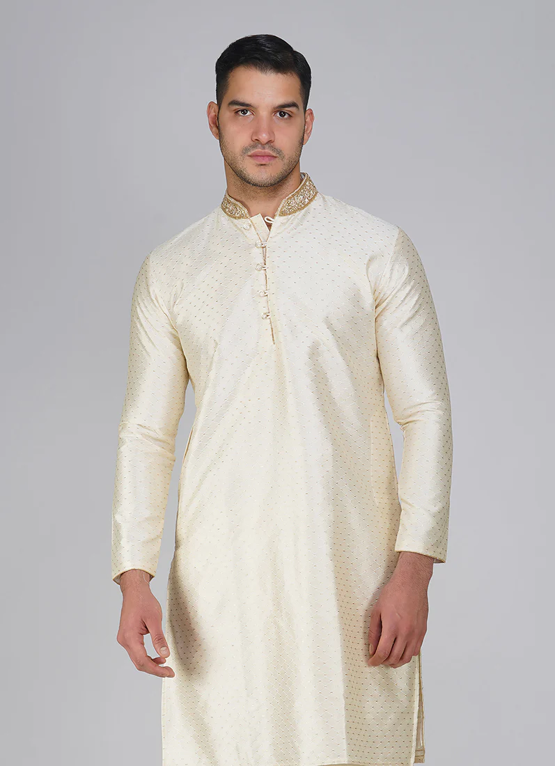 Cream Polyester Kurta Pajama Set - Image 4