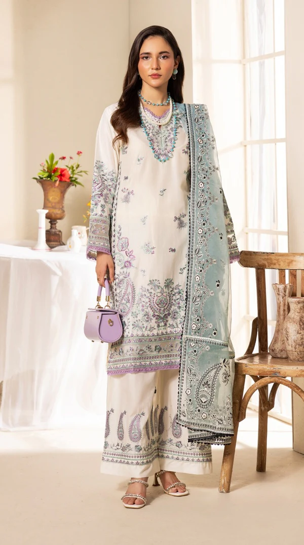 White Thread Embroidered Palazzo Suit with Organza Dupatta - Image 2